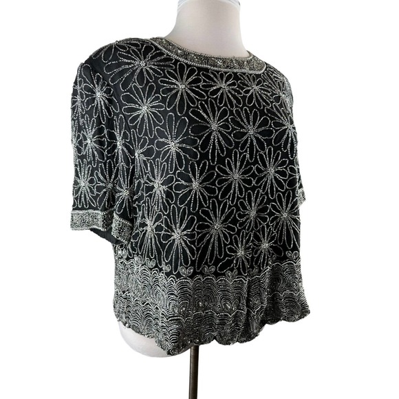 *Flawed* Vintage Laurence Kazar Silk Beaded Embellished Top Black Plus Size 3X - Picture 2 of 12